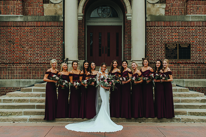 Ashley and her bridesmaids outside of the Chapel of St. Thomas Aquinas