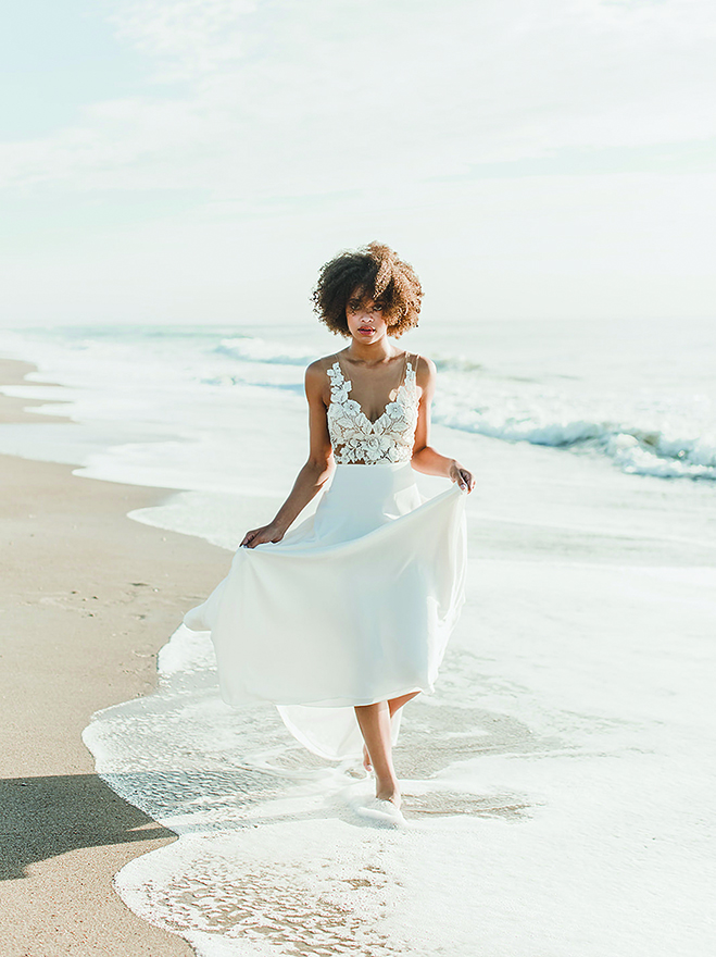 A beach bride models bridal separates from linyage